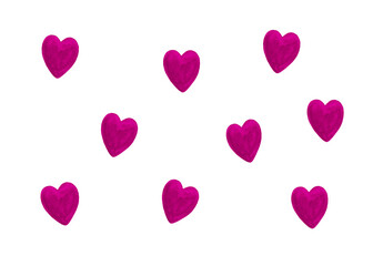 Valentine or Mother's day festive greeting card border from various mixed pink hearts on white background.