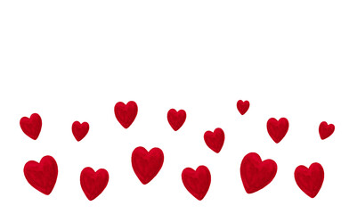 Valentine or Mother's day festive greeting card border from various mixed red hearts on white background.