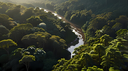 Aerial view of a dense rainforest with a meandering river cutting through the lush greenery, sunlight filtering through the canopy