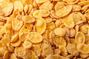 Corn flakes background and texture, cornflake cereal box for morning breakfast.