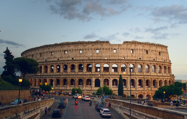 The Colosseum in Rome, Italy, at twilight.