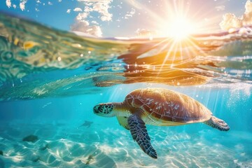 Sunlit tropical paradise with surfing waves and diving turtles.