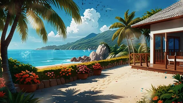 Beach house with blue sea background in beautiful summer, in smooth looping background with 4K video animation.