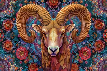 Obraz premium Colorful detailed illustration of a ram with ornate horn on a vibrant floral background. Ideal for art, design, and decoration uses.