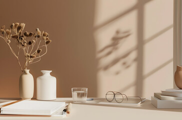 desk with stationery,  glasses and writing paper
