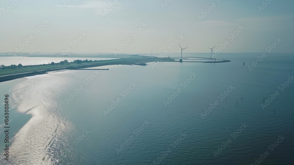 Poster Windmill park in the ocean aerial view with wind turbine Flevoland Netherlands Ijsselmeer Green Energy production in the Netherlands : Generative AI