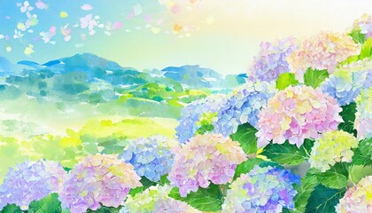Fototapeta premium 紫陽花、夏の風物詩、綺麗で色鮮やか、心地よい日差し、シンプルな背景、くっきりと優しく表現 Generated by AI 