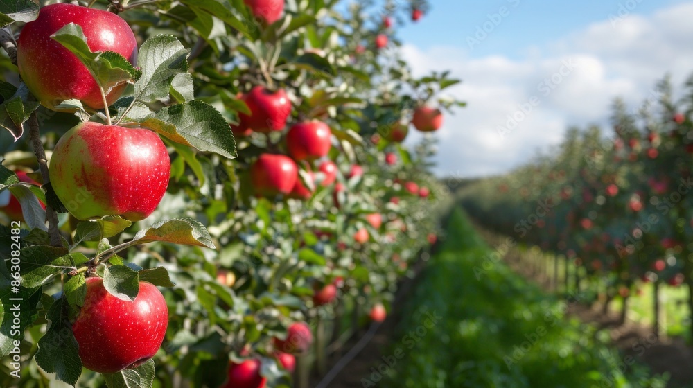 Poster a row of apple trees with many apples on them