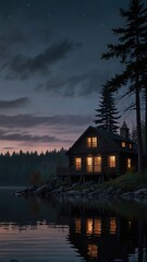 Fototapeta premium Full Moon and Fog: A full moon hangs low in the sky, casting an ethereal glow through the fog 