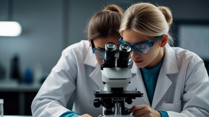 Young scientists in sterile clothing and safety goggles sitting at table conducting research investigations in a medical laboratory using a microscope, Serious concentrated female microbiologist.