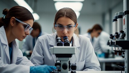 Young scientists in sterile clothing and safety goggles sitting at table conducting research investigations in a medical laboratory using a microscope, Serious concentrated female microbiologist.