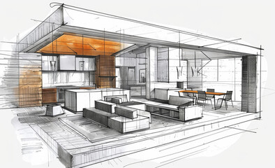 Interior architectural sketch, in the style of modular design