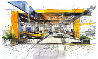 Interior architectural sketch, in the style of modular design