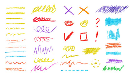 Set of Wax crayon underline brush. Group of hand drawn charcoal and chalk symbols for diagrams.  Freehand different curved line, swirl, cross, circle, frames, check marks. Vector doodle illustration