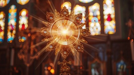 Obraz premium Elegant church altar adorned with a radiant monstrance, candle, and chalice, set in a sacred space with soft lighting and stained glass