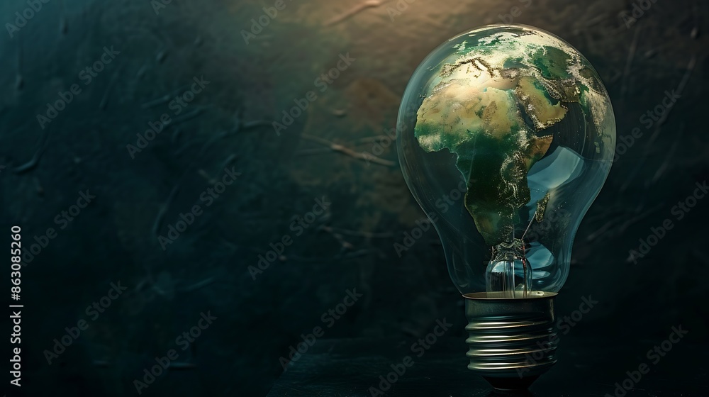 Poster a light bulb with a green world map symbolizes renewable and sustainable energy sources for environm