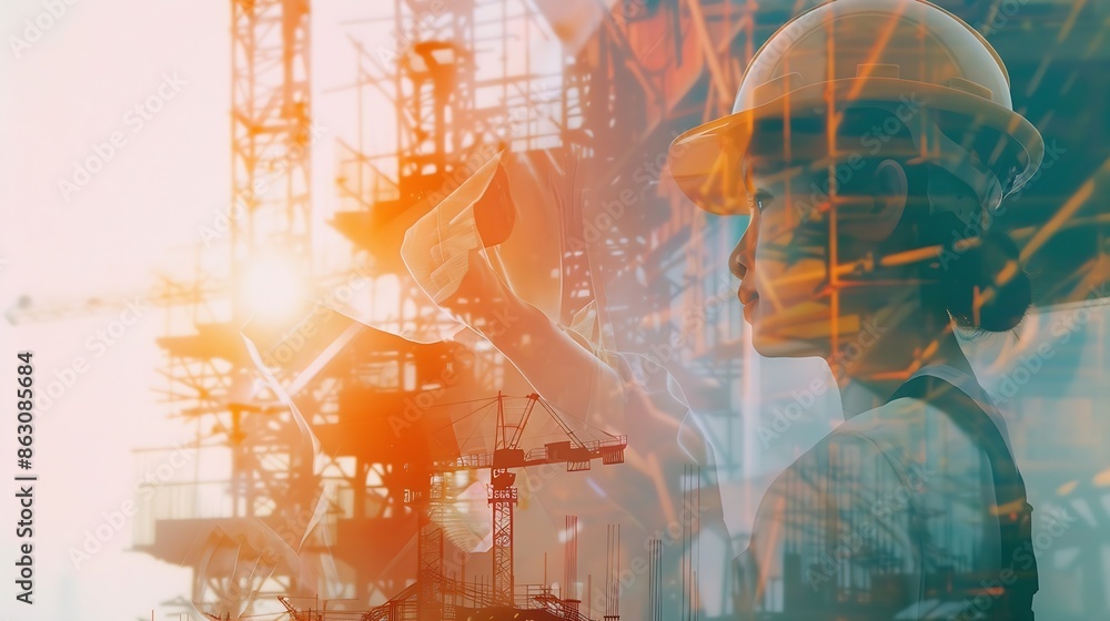 Poster an double exposure of asian civil engineers at construction sites building engineers architects or c