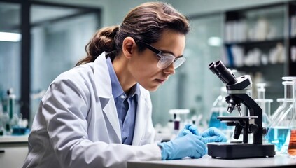 chemist is doing an experiment in the laboratory, A scientist is using a microscope to analyze the chemical composition, A scientific experiment is searching for biological answers in a laboratory,