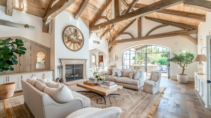 The room includes a large, comfortable seating area with sofas and armchairs, a coffee table, and an open-plan kitchen and dining area in the background. The ceiling has an intricate design with reces