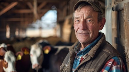 Obraz premium Portrait of a dairy farmer with cows in the background, natural lighting, content expression, warm barn ambiance, showcasing connection with livestock, high quality photo, photorealistic, 50mm lens