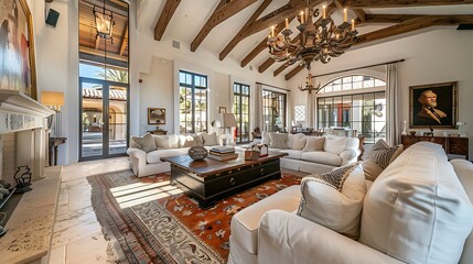 The room includes a large, comfortable seating area with sofas and armchairs, a coffee table, and an open-plan kitchen and dining area in the background. The ceiling has an intricate design with reces