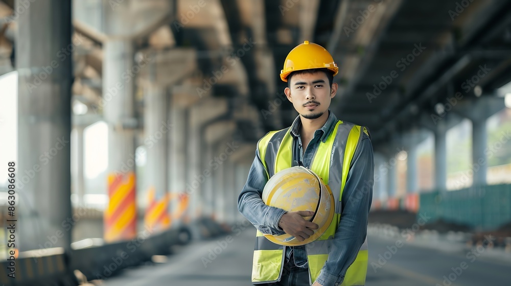 Poster expressway construction engineer in relaxed pose holding a yellow helmet under construction site : g