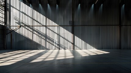 Warehouse interior with corrugated steel wall and light and shadow diagonal view