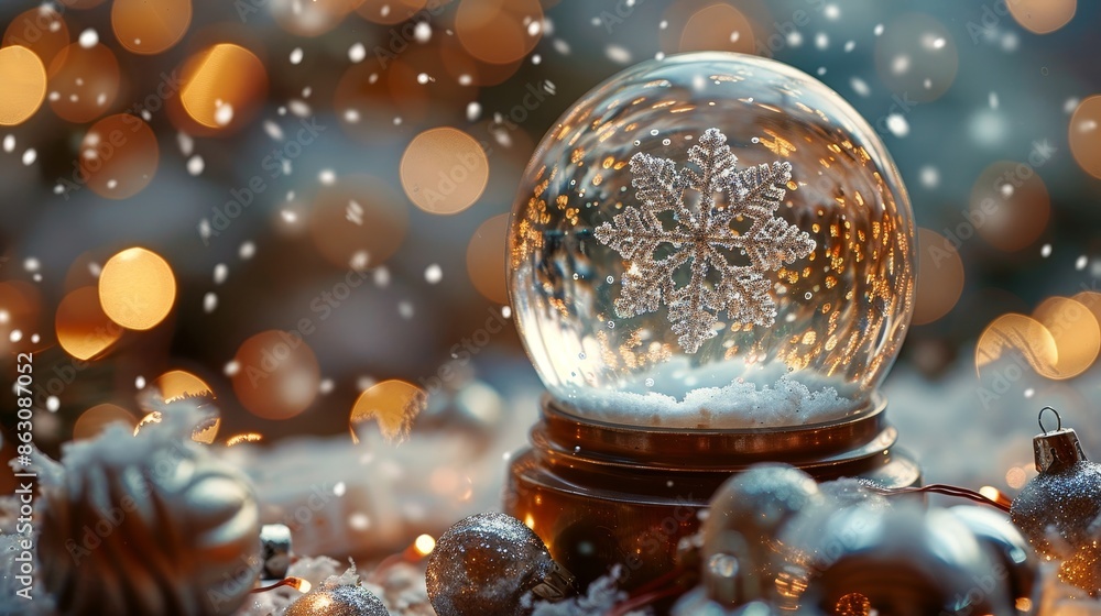 Poster an enchanting snow globe containing enchanting snowflakes and gleaming balls