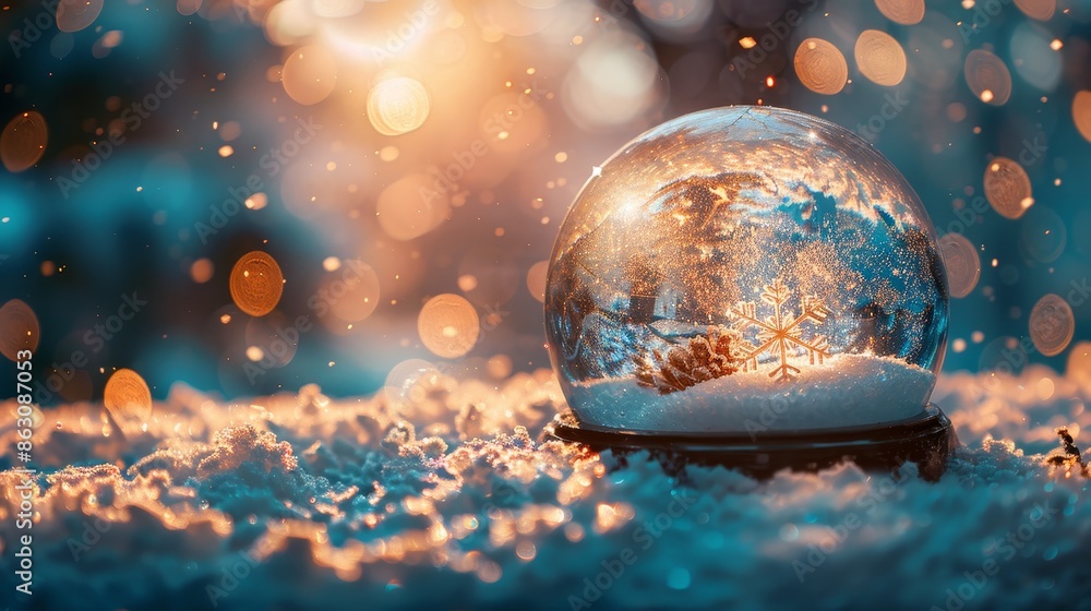 Poster an enchanting snow globe containing intricate snowflakes and gleaming balls