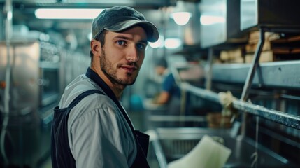 Obraz premium Portrait of a dairy worker managing feed distribution, soft studio lighting, determined expression, clean feed area, showcasing efficiency in operations, high quality photo, photorealistic, 50mm lens