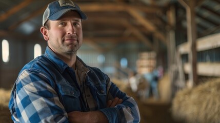 Portrait of a dairy manager coordinating team, bright studio lighting, leadership expression, clean barn, showcasing teamwork and coordination, high quality photo, photorealistic, 50mm lens