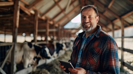 Portrait of a farm manager with a tablet standing in a dairy barn, natural lighting, confident expression, morning light filtering through, showcasing modern farming practices, high quality photo,