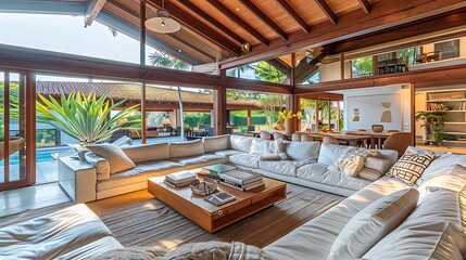 he room includes a large, comfortable seating area with sofas and armchairs, a coffee table, and an open-plan kitchen and dining area in the background. The ceiling has an intricate design with recess