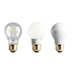 Three different types of light bulbs isolated on transparent background, showcasing variations in design and functionality.