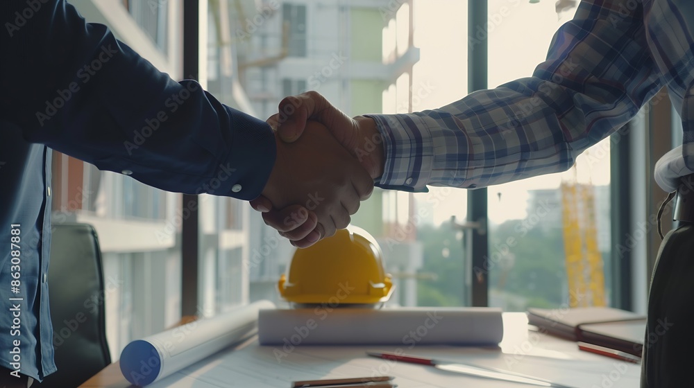 Poster Construction engineer handshake with businessman contractor over architecture design blueprint on meeting table Architect and engineer shake hand after successful cooperation teamwork  : Generative AI