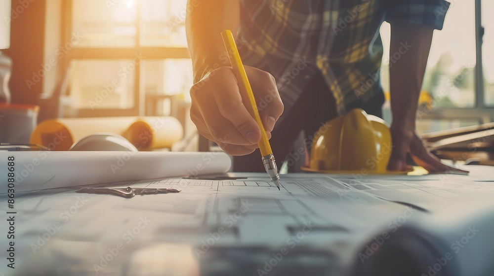 Poster Architects engineers designers working on concepts planning blueprints brainstorming coming up with new ideas and ideas work planning Construction concept and design : Generative AI