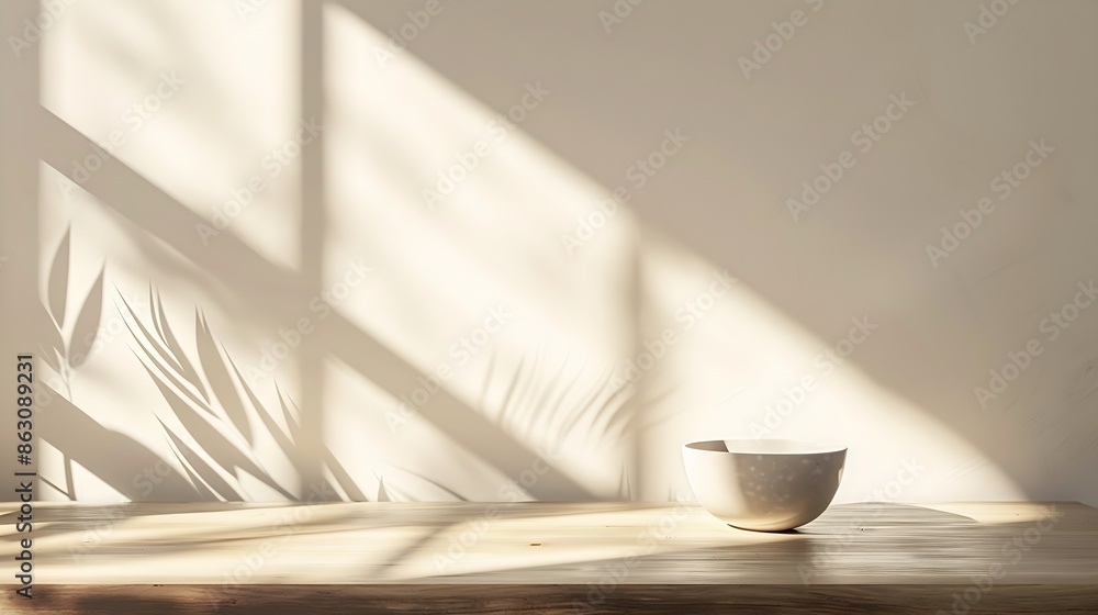 Poster empty table with window shadow on light wall background for product mockup display kitchen interior 