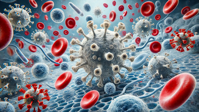 white blood cells attacking a virus.white blood cells such as neutrophils and macrophages