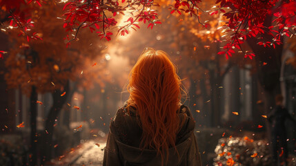 Style redhead girl at beautiful autumn alley