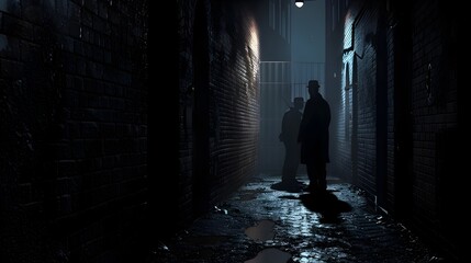 A dark alley interrogation scene with detective and suspect confronting each other in the shadows
