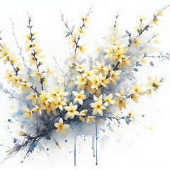 흰 배경, 개나리, 수채화 (White background, forsythia, water colour)