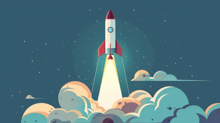 Vector Art of Spacecraft Liftoff with Cloudy Sky