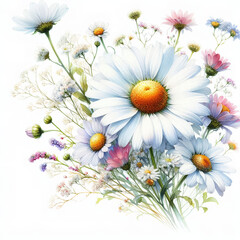 Fototapeta premium 흰 배경, 데이지, 수채화 (White background, daisy, water colour)