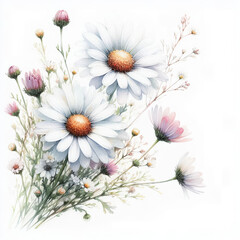 Fototapeta premium 흰 배경, 데이지, 수채화 (White background, daisy, water colour)