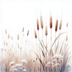 흰 배경, 부들, 수채화 (white background, cattail, water colour)