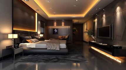 The room includes a large, comfortable seating area with sofas and armchairs, a coffee table, and an open-plan kitchen and dining area in the background. The ceiling has an intricate design with reces