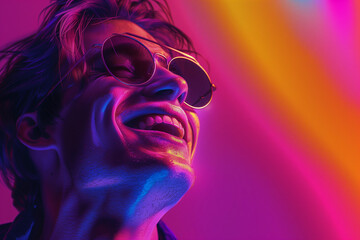 man laughing , in the style of photo-realistic compositions, neon pop, close up, warmcore, emotive faces, photo-realistic hyperbole, in the style of magenta, contemporary candy-coated, high gloss, vib
