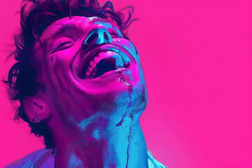 man laughing , in the style of photo-realistic compositions, neon pop, close up, warmcore, emotive faces, photo-realistic hyperbole, in the style of magenta, contemporary candy-coated, high gloss, vib