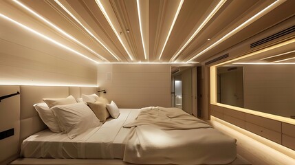 The room includes a large, comfortable seating area with sofas and armchairs, a coffee table, and an open-plan kitchen and dining area in the background. The ceiling has an intricate design with reces