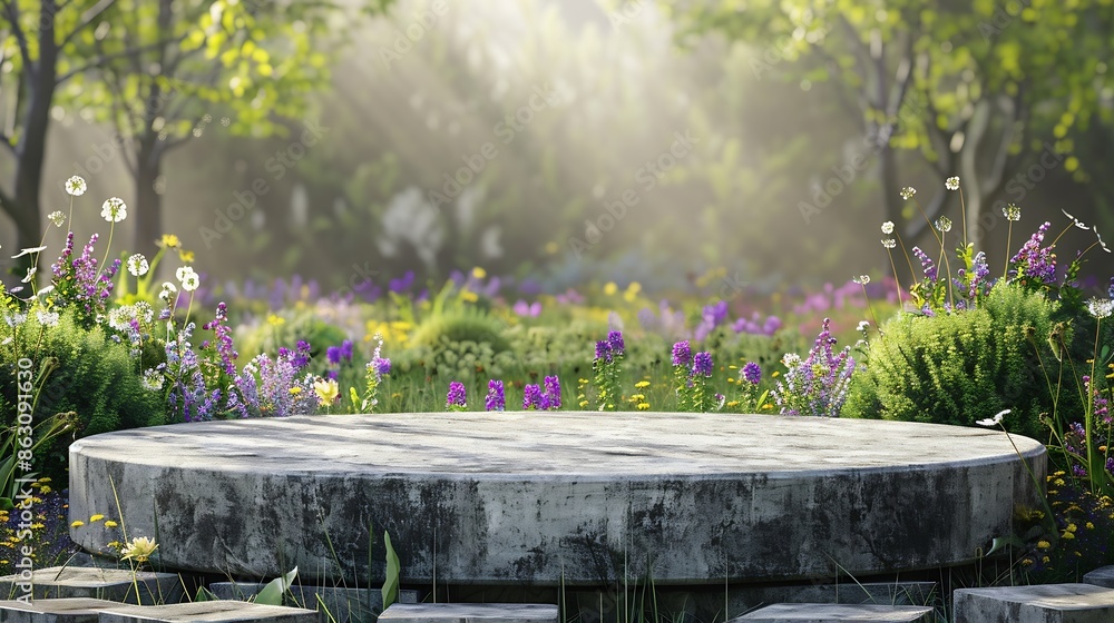 Poster Front view of the stone podium showcases products in a garden with flowers plants and branches Empty platform : Generative AI